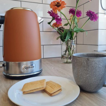 Kitchen counter with an orange Sunbeam kettle, grey mug, plate with biscuits, and a jar of vibrant flowers against white tiled backsplash.